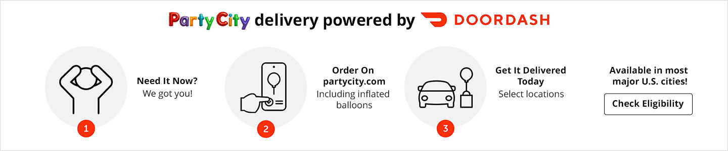 Party City delivery powered by Door Dash. Need it now? We got you! Order on partycity.com, including inflated balloons. Get it delivered today - see locations. Available in most major U.S. cities! Click here to shop now.